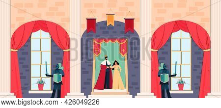 Cartoon King And Queen Inside Medieval Castle. Knights Or Guards Protecting Royals, Palace Interior 