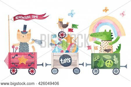 Cute set of vector illustrations. Funny animals travel on a toy train. Watercolor illustration. Kids decor.
