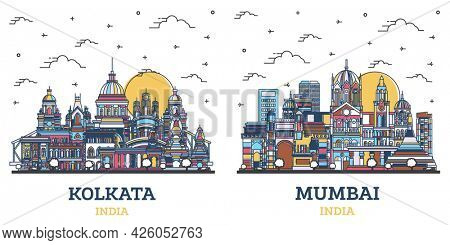 Outline Mumbai and Kolkata India City Skyline Set with Colored Historic Buildings Isolated on White. Cityscape with Landmarks.