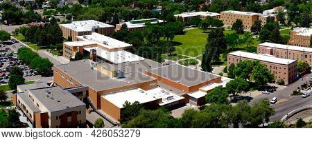 University building on campus or Community College Aerial View