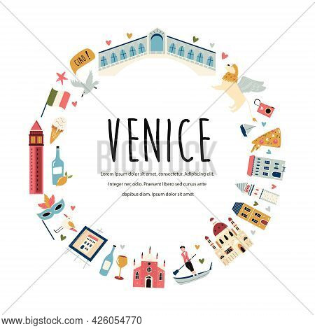 Tourist Abstract Design With Famous Destinations And Landmarks Of Venice.