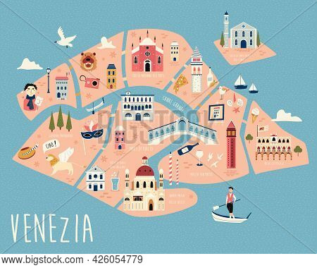 Illustrated Map Of Venice With Famous Symbols, Landmarks And Building.