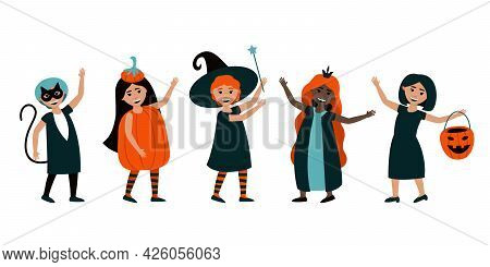 Set Of Isolated Children In Halloween Costumes. Cute Halloween Carnival Costumes Cat, Witches, Pumpk
