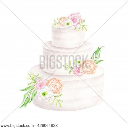 Watercolor Wedding Cake With Flowers Illustration. Hand Drawn 3 Tiered White Cream Dessert Isolated 