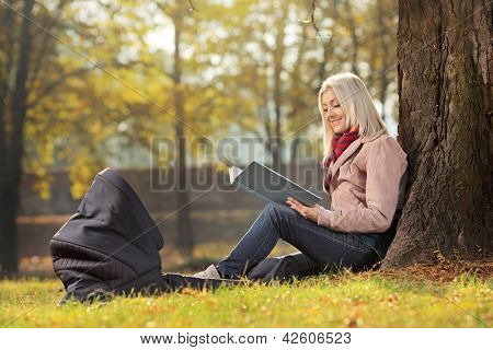 Bir Portbebe onu bebek ile bir parkta oturan ve bir hikaye okuma genç anne