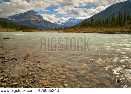 Sunwapta River Alberta Canada. The Sunwapta River With Tangle Peak In The Background. Rocky Mountain