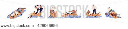 Set Of Business Teams With Leaders In Boats, Rowing Forward To Their Goals. Concept Of Good And Bad 