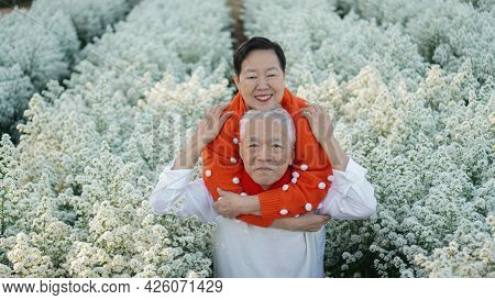 Asian senior eldery couple hug sweater celecrate Christmas and New Year holiday morning in beautiful
