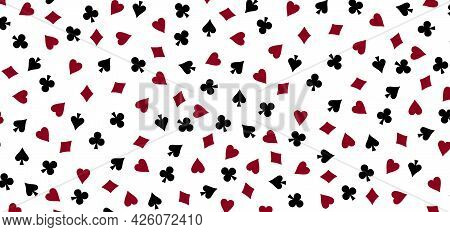 Pattern Of Card Suits Spades Hearts Diamonds And Clubs. Casino Card Games And Poker Background.