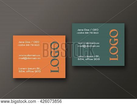 Modern Square Business Cards Template. Realistic Vector Stationary Mockups Scene With Soft Shadows A