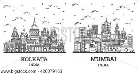 Outline Mumbai and Kolkata India City Skyline Set with Historic Buildings Isolated on White. Cityscape with Landmarks.