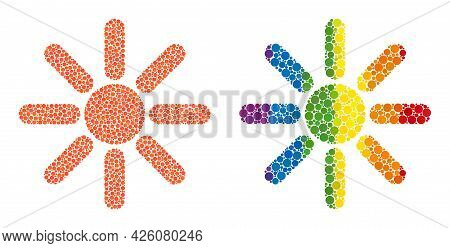 Sun Rays Mosaic Icon Of Round Items In Variable Sizes And Rainbow Color Hues. A Dotted Lgbt-colored 