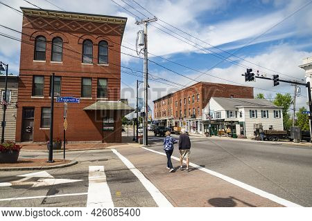 Saco, Maine - June 26, 2021: The Historic Brick Buildings Downtown Saco, Maine, United States