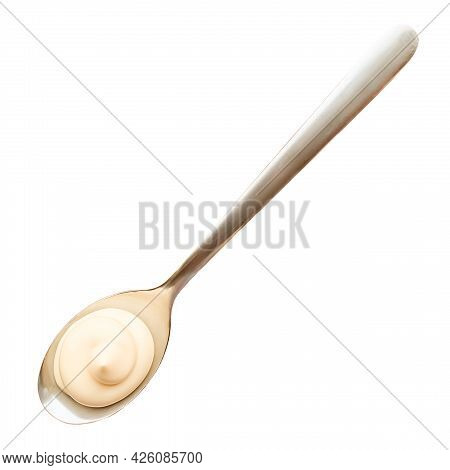 Mayonnaise Drop In The Spoon. Top View Of Sause Splash Isolated On White Background. High Reolution 