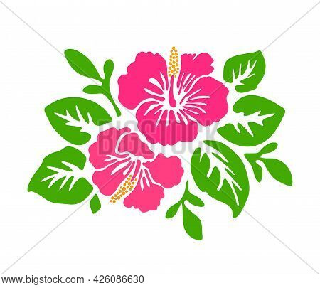 Tropical Exotic Hibiscus Pink Flowers Vector Tattoo Silhouette Drawing Illustration.hawaiian Floral 