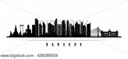 Bangkok Skyline Horizontal Banner. Black And White Silhouette Of Bangkok, Thailand. Vector Template 