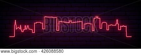 Red Neon Skyline Of Fargo. Bright Fargo City Long Banner. Vector Illustration.
