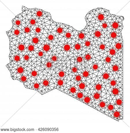 Wire Frame Polygonal Map Of Libya Under Lockdown. Vector Model Is Created From Map Of Libya With Red