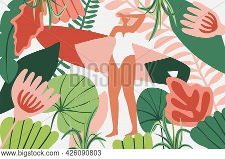 Surfer Girl Character In Bikini With A Surfboard In Jungle. Surfing Summer Background Illustration F
