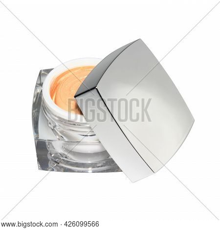 Creamy Foundation In Silver Glass Box On White Background. Isolated. Beauty And Fashion 
Conception