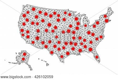 Wire Frame Polygonal Map Of Usa Territories Under Outbreak. Vector Structure Is Created From Map Of 
