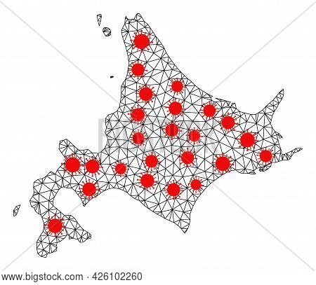 Mesh Polygonal Map Of Hokkaido Island Under Infection. Vector Model Is Created From Map Of Hokkaido 
