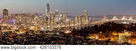 San Francisco City And Bay Bridge Panorama Via Bernal Heights