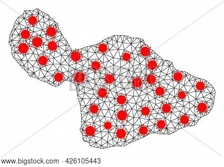 Mesh Polygonal Map Of Maui Island Under Outbreak. Vector Model Is Created From Map Of Maui Island Wi