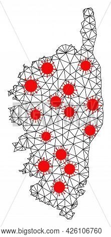 Wire Frame Polygonal Map Of Corsica Under Infection. Vector Model Is Created From Map Of Corsica Wit