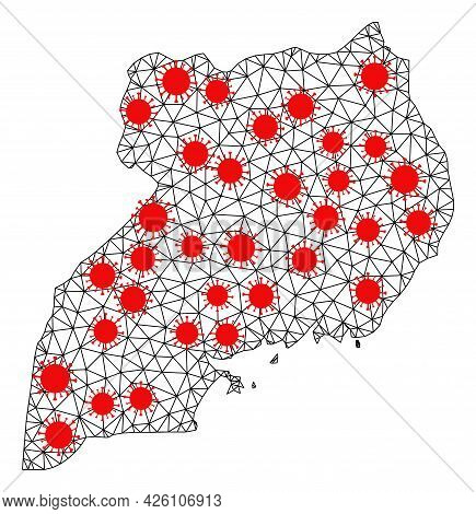 Carcass Polygonal Map Of Uganda Under Lockdown. Vector Model Is Created From Map Of Uganda With Red 