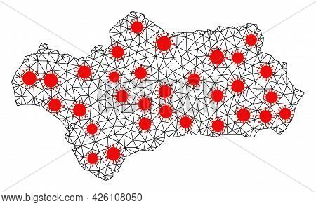 Mesh Polygonal Map Of Andalusia Province Under Outbreak. Vector Structure Is Created From Map Of And
