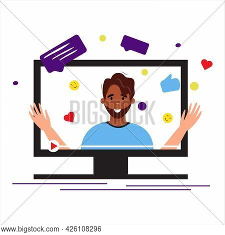 Man Blogger In Monitor. Freelancer. Blogging Concept. Smiling Man In Computor. Flat Vector Character