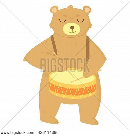 Cute Brown Baby Bear Playing Drum. Kids Print Can Be Used As Poster, Card Or Other Poligraphy. Stock