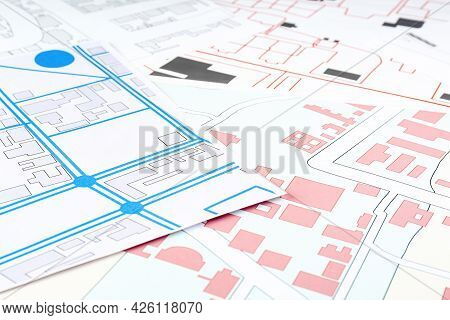 Many Different Cadastral Maps As Background, Closeup
