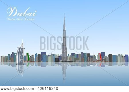 Dubai Skyline With Panorama In Sky Background. Vector Illustration. Business Travel And Tourism Conc