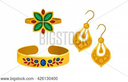 Jewellery Or Jewelry Item As Personal Adornment With Earrings And Ring Vector Set