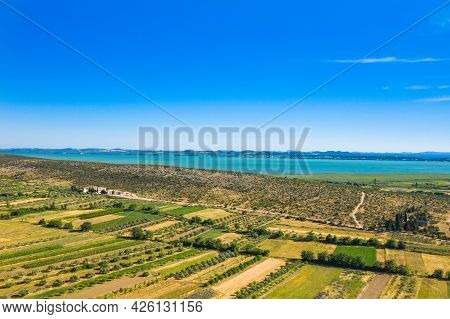 Aerial View Of Vransko Lake And Agriculture Fields, Dalmatia, Croatia
