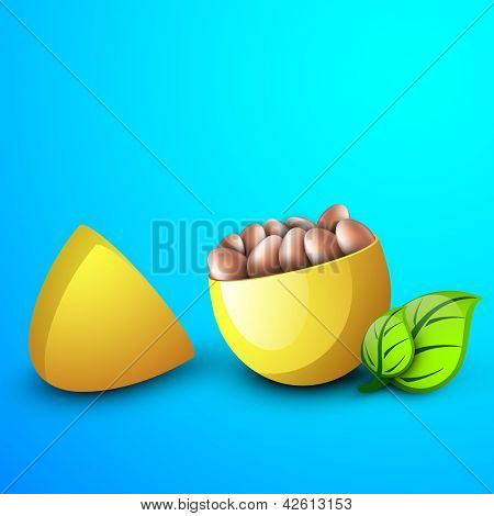 Boîte à oeufs de Pâques jaune contient de petits oeufs avec des feuilles vertes sur fond bleu...