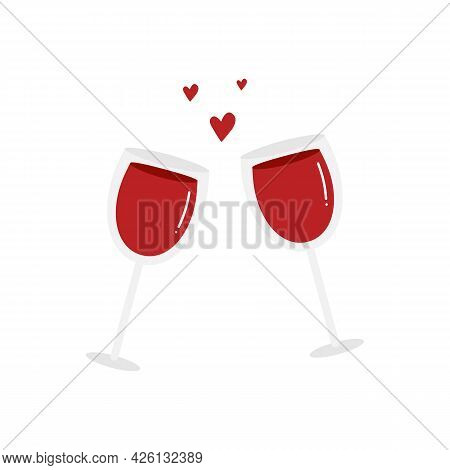 Couple Of Glasses Of Red Wine With Hearts For Dating, Romantic Dinner Design. Vector Cartoon Style I