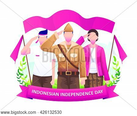 Heroes And Women Salute The Flag In Celebration Of Indonesia's Independence Day On 17 August. Flat V