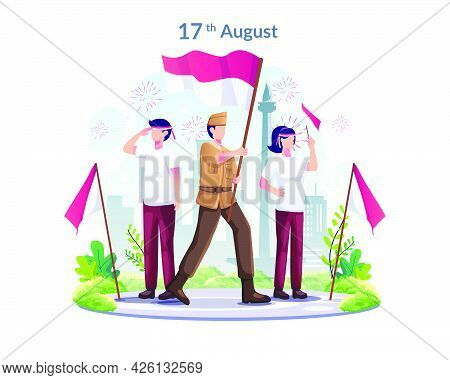 Youth And Heroes Celebrate Indonesia's Independence Day On August 17th. Flat Vector Illustration