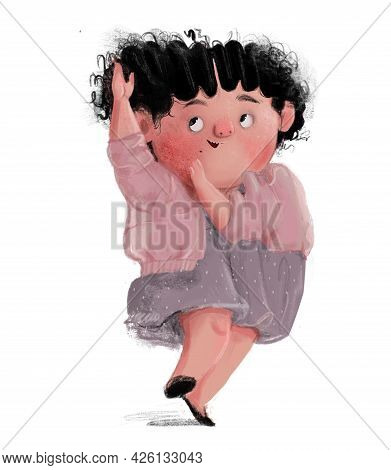 Cute Dansing Curly Haired Girl With Grey Dress And Pink Sweater