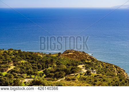 Spanish Mediterranean Sea Coastline, Punta Falconera Landscape With Walking Path. Costa Brava Catalo