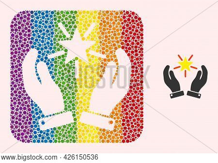 Dotted Mosaic Shine Star Care Hands Carved Icon For Lgbt. Colored Rounded Rectangle Mosaic Is Around