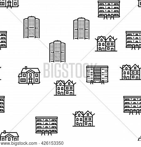 House Constructions Vector Seamless Pattern Thin Line Illustration
