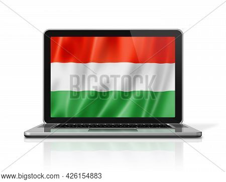 Hungary Flag On Laptop Screen Isolated On White. 3d Illustration Render.