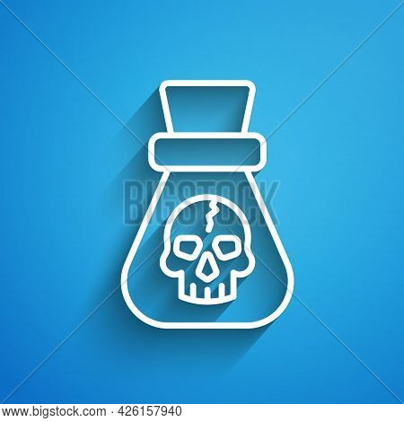 White Line Pirate Coin Icon Isolated On Blue Background. Long Shadow. Vector