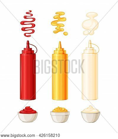 Mayonnaise, Mustard, Tomato Ketchup. Vector Illustration Sauces In Bottles And Bowls, With Splashes 