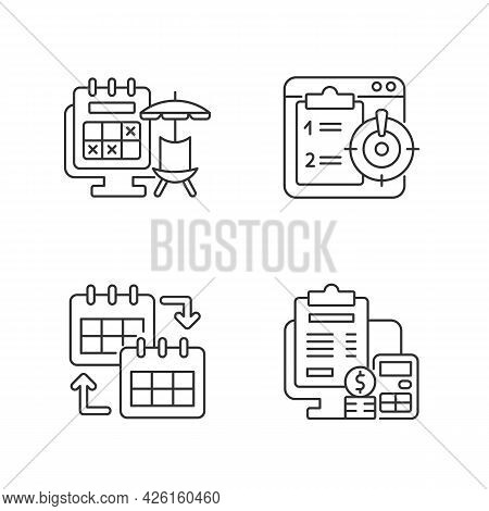 Remote Work Trackers Linear Icons Set. Vacation Leave For Employee Marked On Calendar. Customizable 