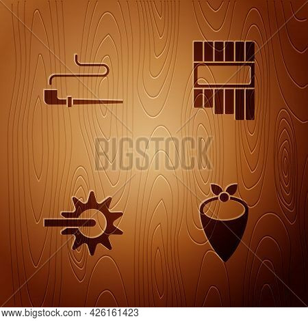 Set Cowboy Bandana, Smoking Pipe, Spur And Pan Flute On Wooden Background. Vector